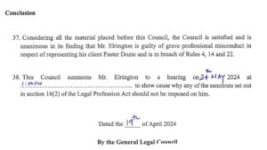 General Legal Council Finds Orson Elrington "Guilty of Grave Professional Misconduct" 