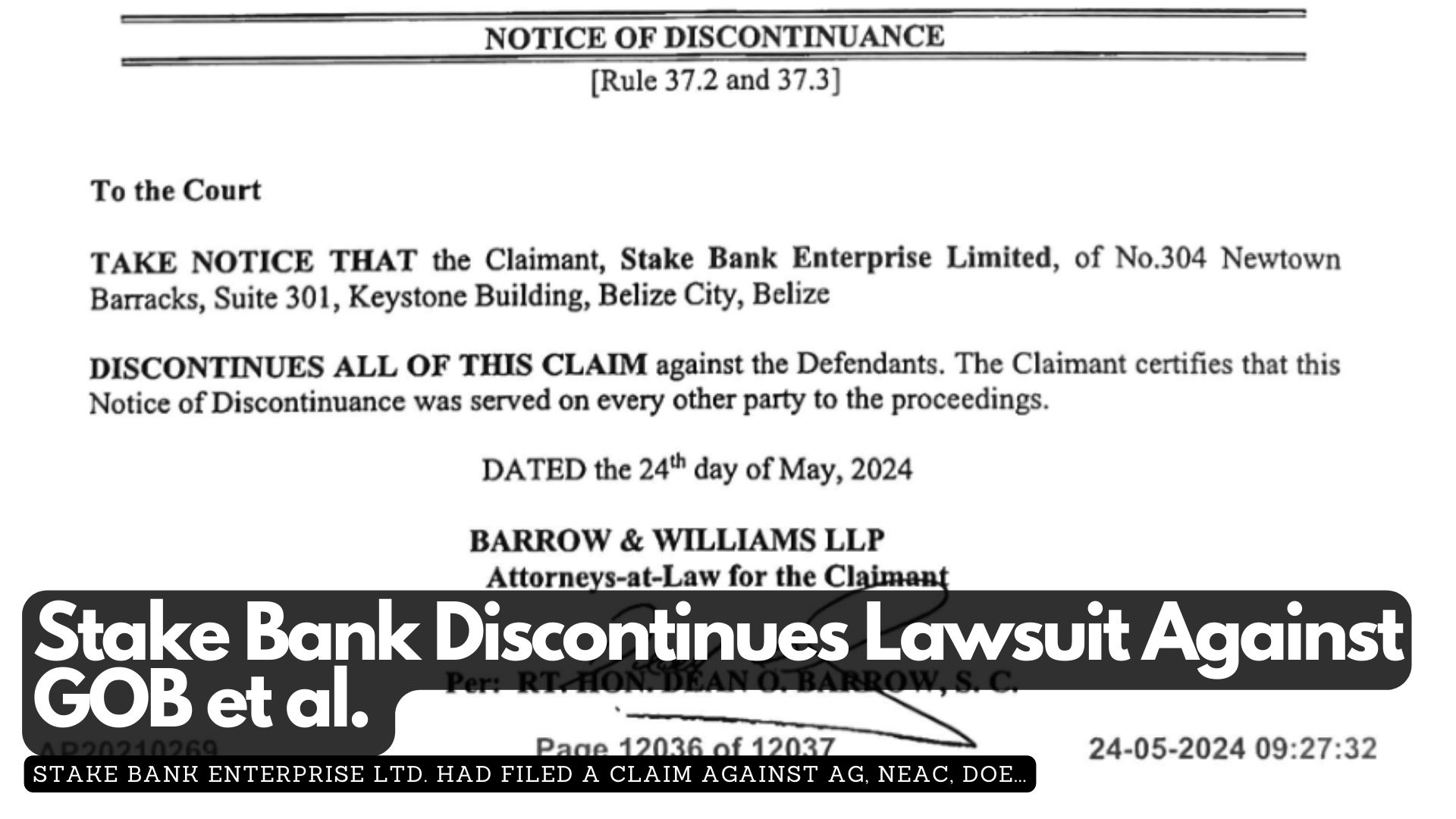 Stake Bank Discontinues Lawsuit Against GOB et al. 