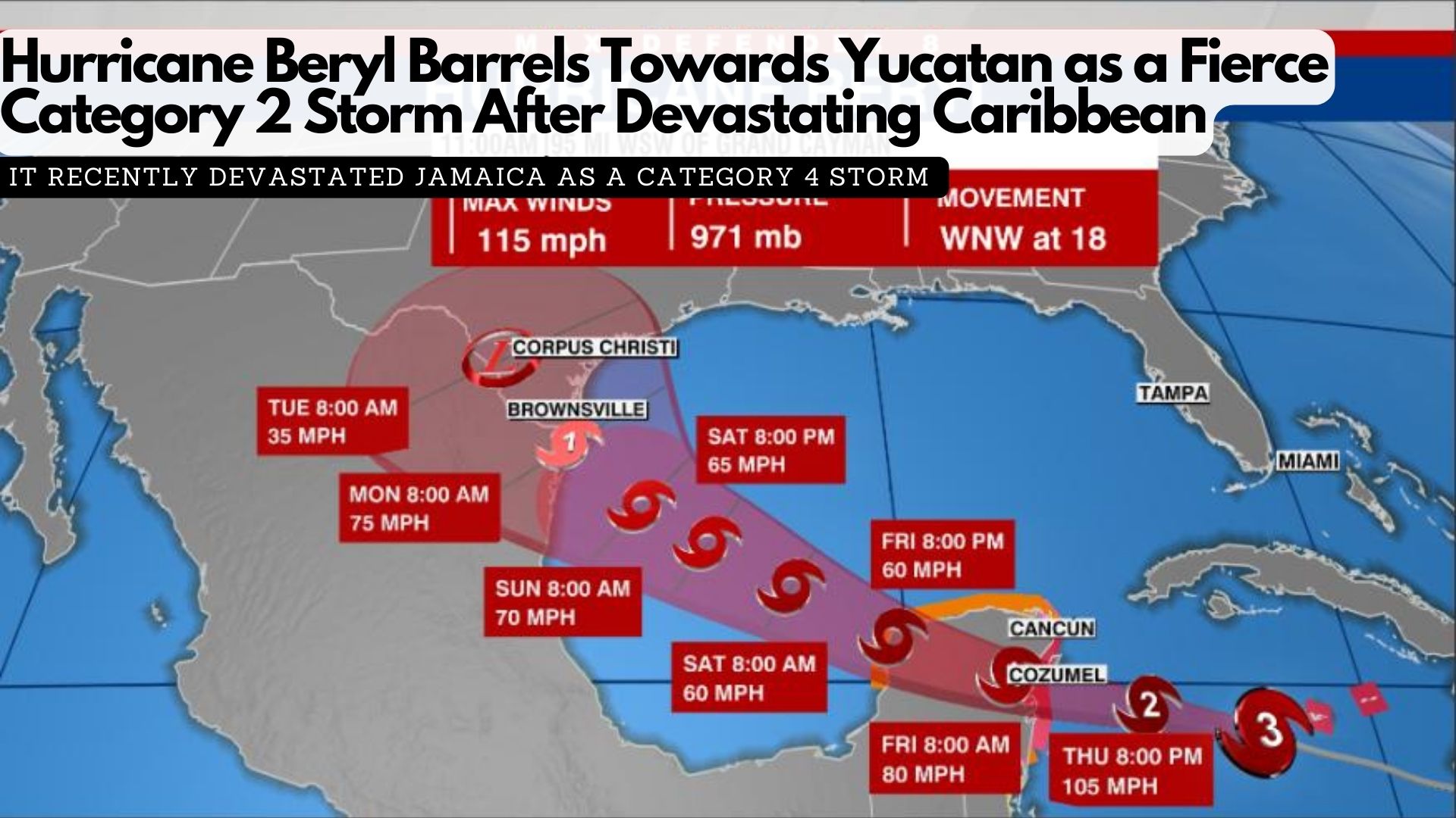 Hurricane Beryl Barrels Towards Yucatan as a Fierce Category 2 Storm After Devastating Caribbean