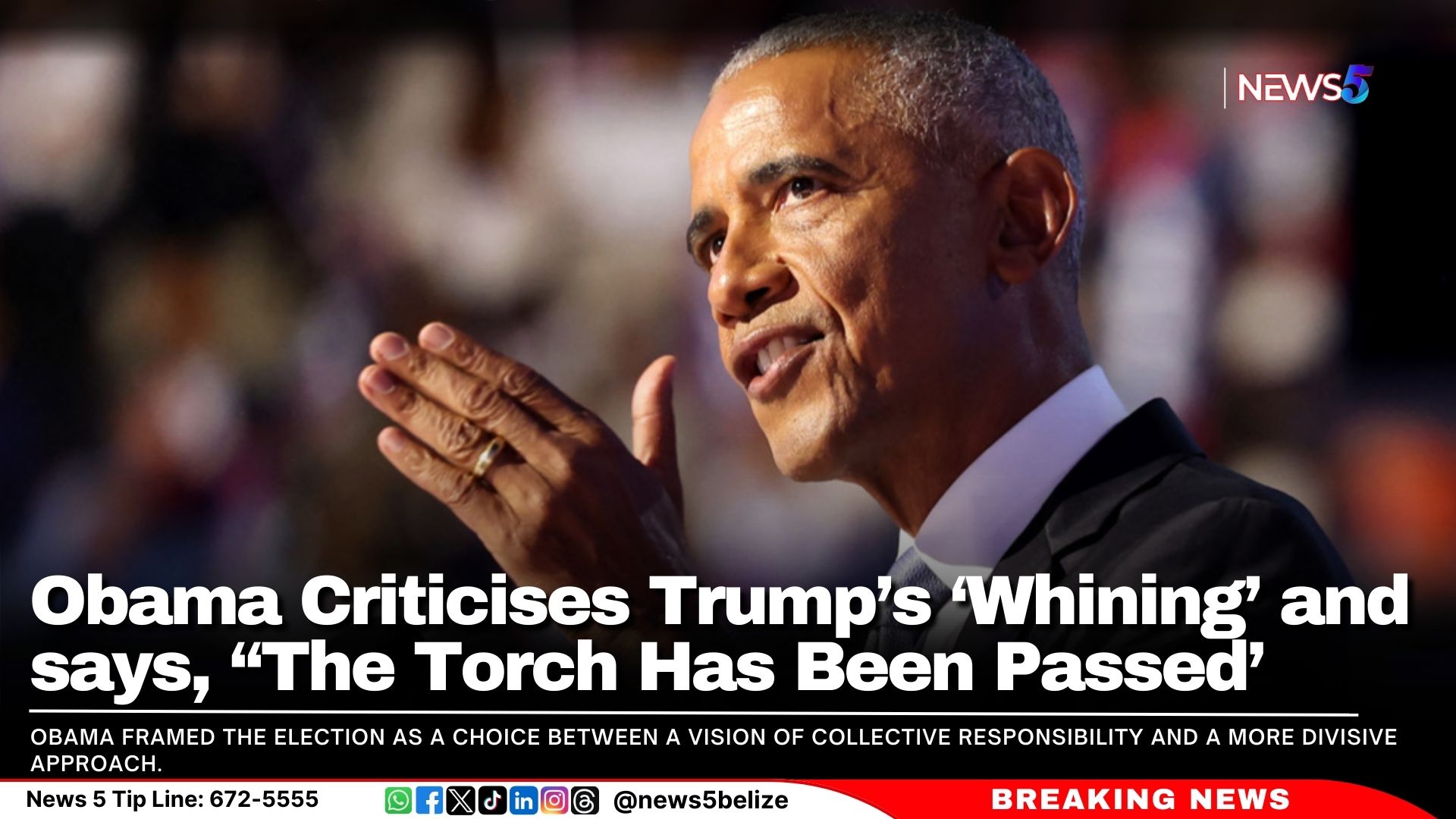 Obama Criticises Trump’s ‘Whining’ and says, “The Torch Has Been Passed’