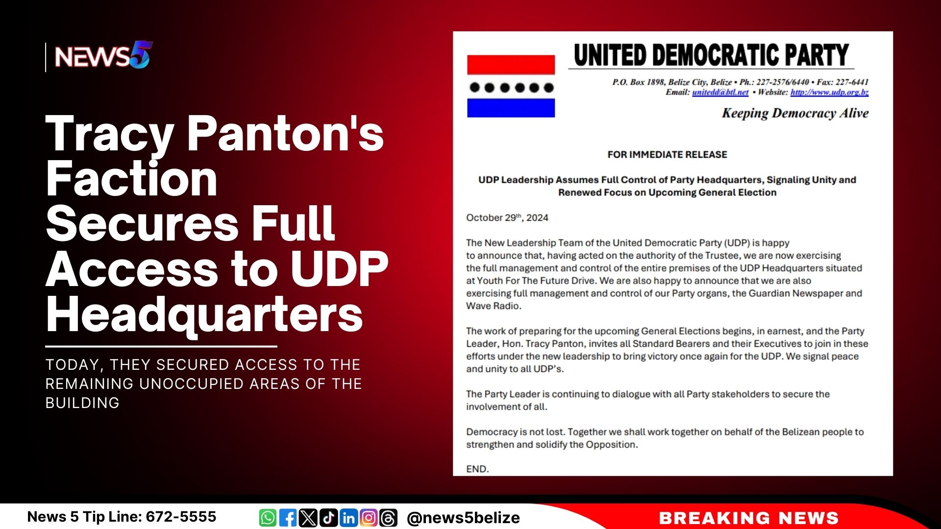 Tracy Panton’s Faction Secures Full Access to UDP Headquarters