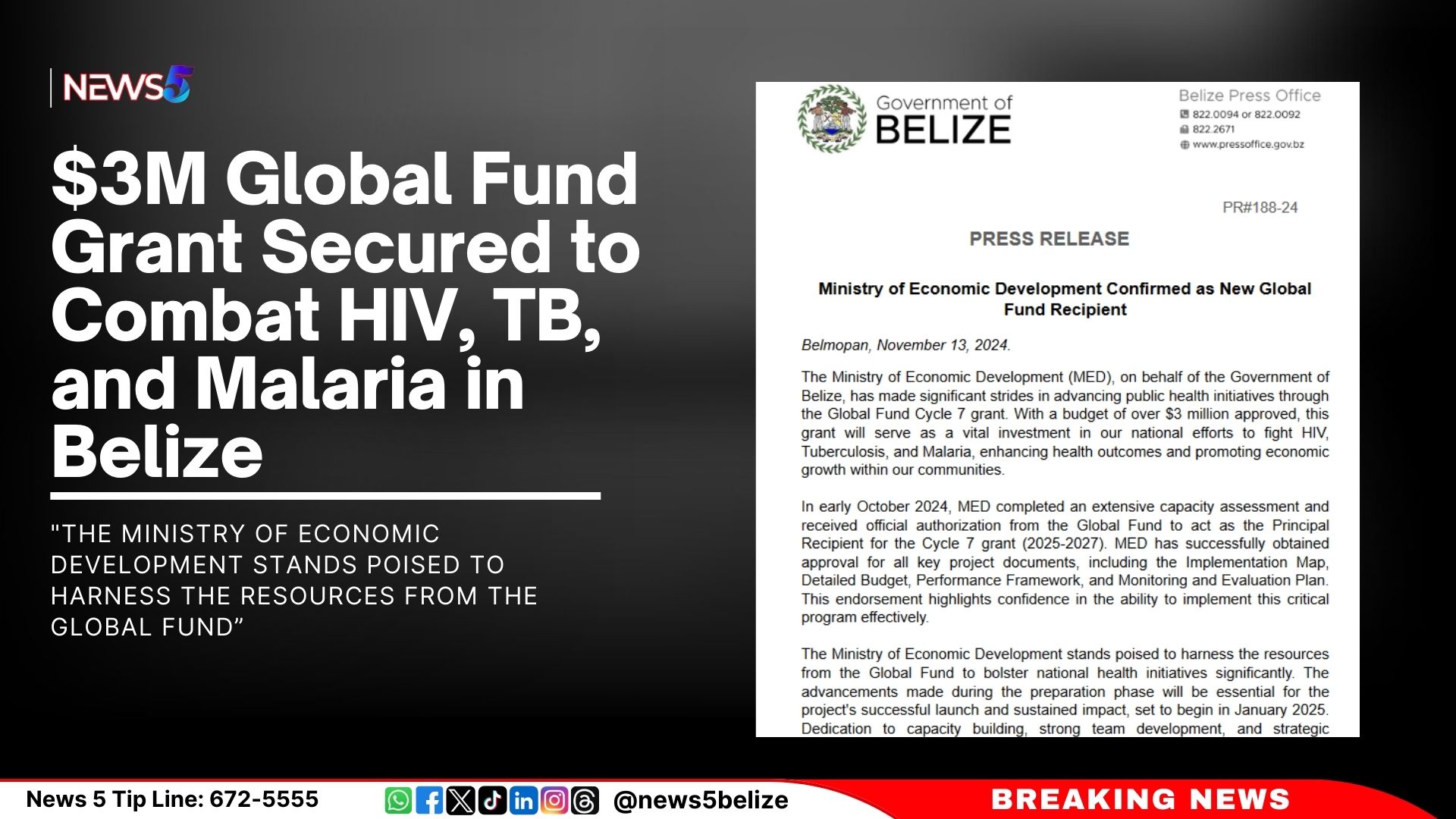 $3M Global Fund Grant Secured to Combat HIV, TB, and Malaria in Belize