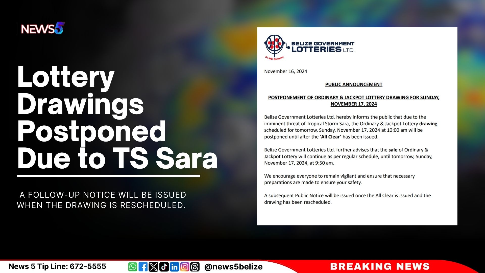 Lottery Drawings Postponed Due to TS Sara