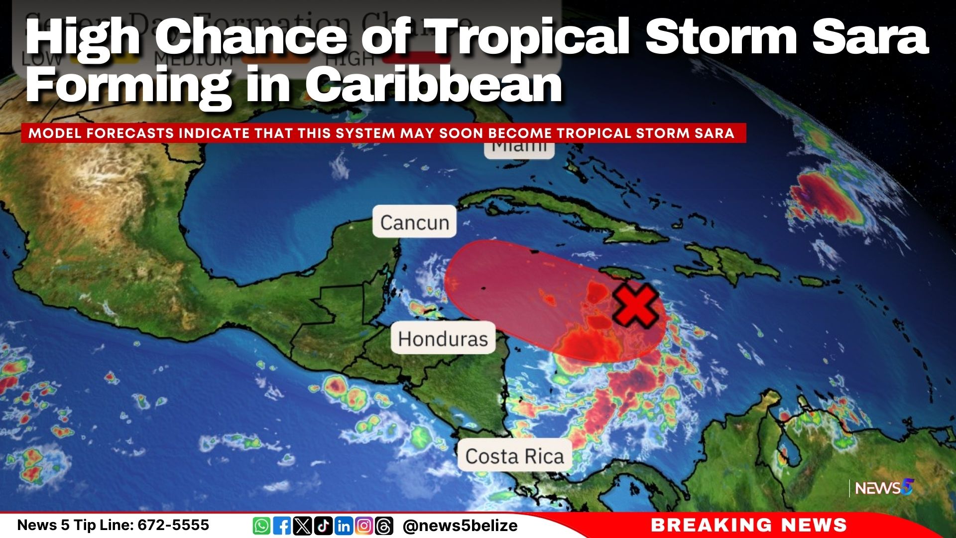 High Chance of Tropical Storm Sara Forming in Caribbean