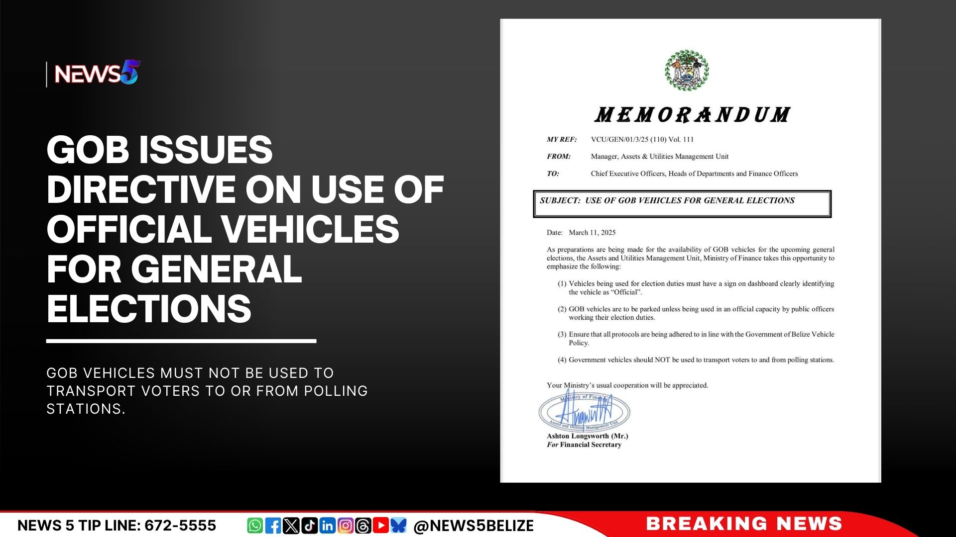 GOB Issues Directive on Use of Official Vehicles for General Elections