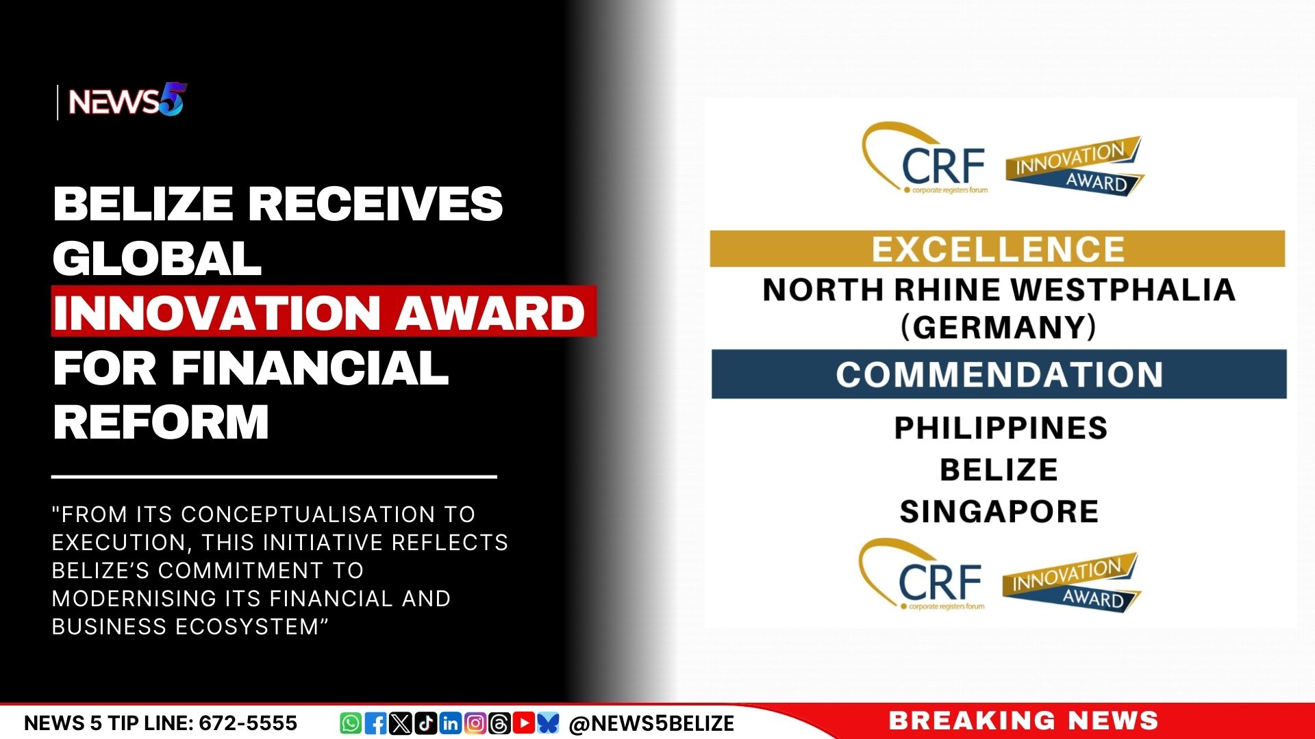 Belize Receives Global Innovation Award for Financial Reform