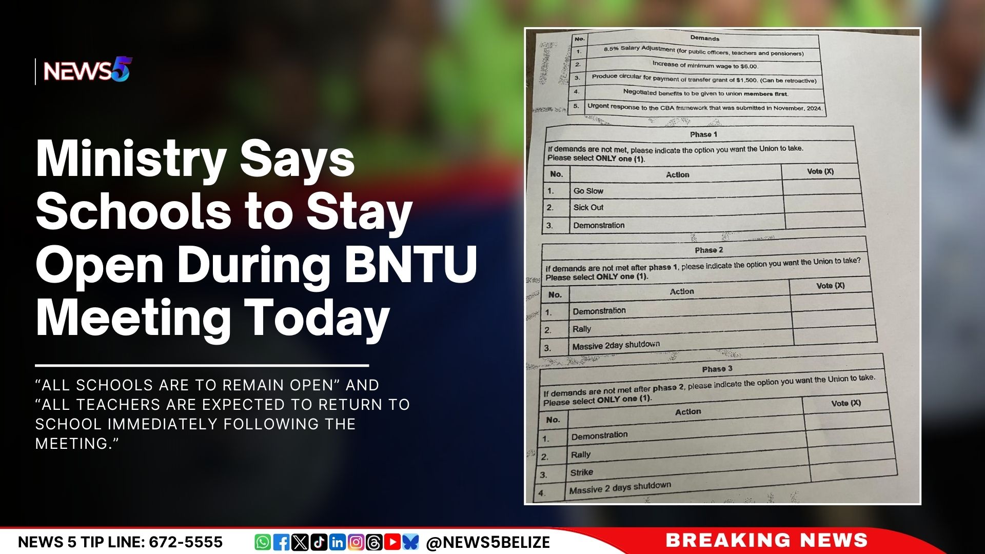 Ministry Says Schools to Stay Open During BNTU Meeting Today