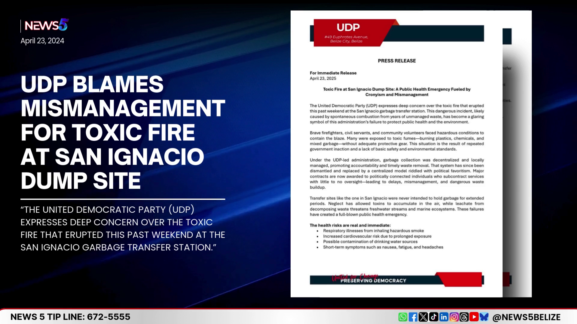 U.D.P. Criticizes Government Over Toxic San Ignacio Fire