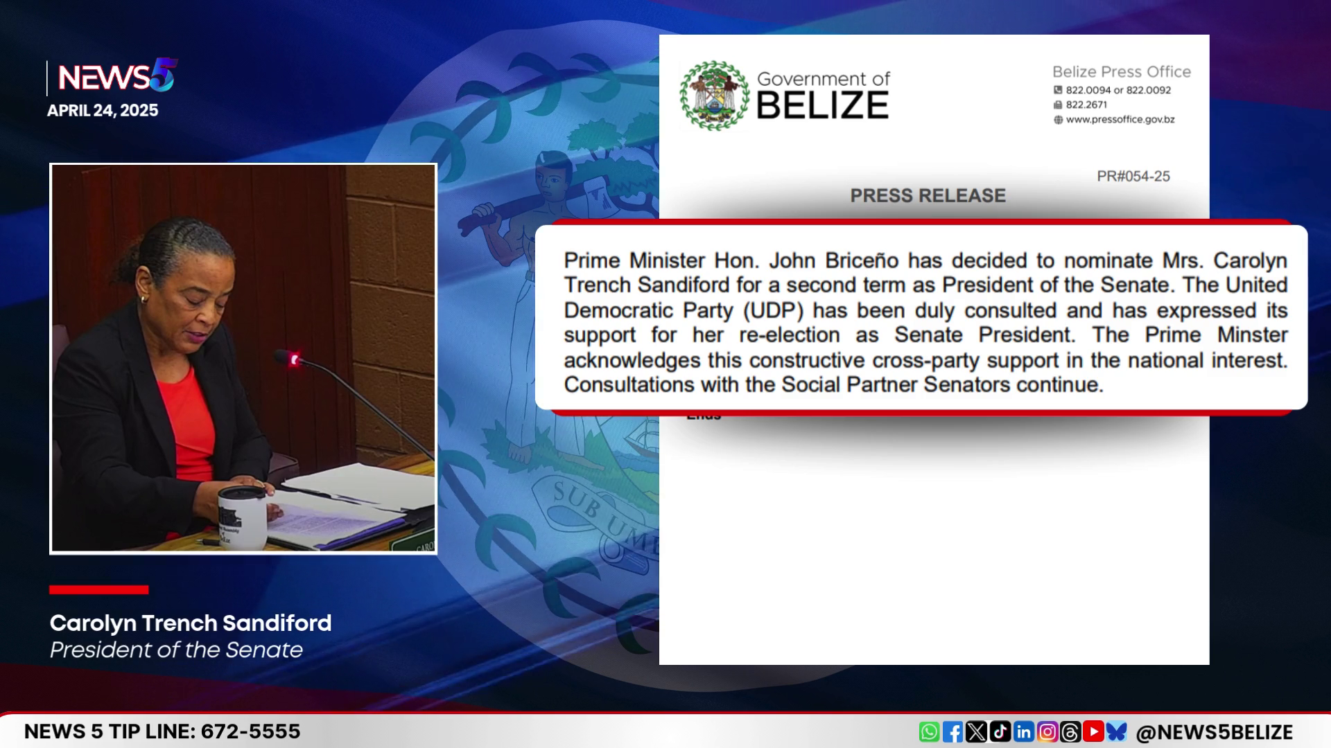 PM Briceño Backs Carolyn Trench-Sandiford for Another Term as Senate President