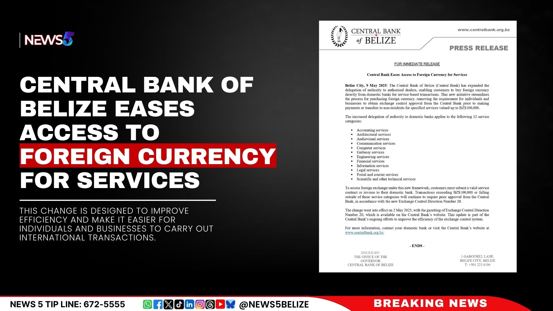 Central Bank of Belize Eases Access to Foreign Currency for Services